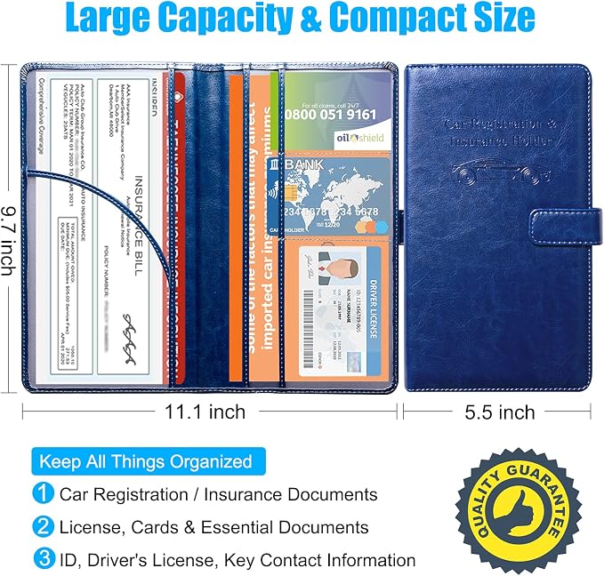 DMLuna Car Registration and Insurance Holder, Leather Vehicle Card Document Glove Box Organizer, Auto Truck Compartment Accessories for Essential Information, Driver License Cards, Dark Blue