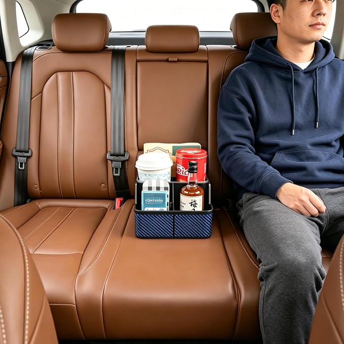 Car Front Seat Organizer with Compartment,Center Console Armrest Storage Box,Car Seat Cup Holder Tray,Back Seat Small Caddy,Car Organizer and Storage with Non-Slip Pat,fit for Truck,SUV,Van (Blue)