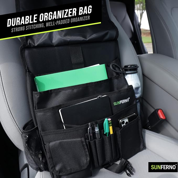 Sunferno Car Front Seat Organizer - Truck Cab Organizer & Car Seat Storage Organizers - Hanging Car Organizer Multiple Pockets Storing Documents Laptop - Car Office Organizer - Front Seat SUV, Truck