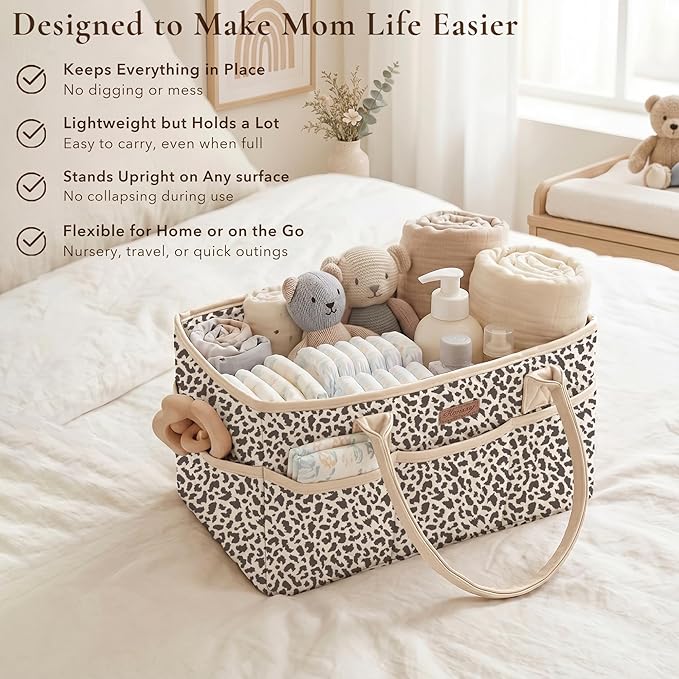 Konssy Quilted Diaper Caddy Organizer, Diaper Caddy Basket with PU Leather Handles, Water-Repellent Nursery Storage Basket, Portable Car Organizer, Registry Search Must Haves (Little Leopard)
