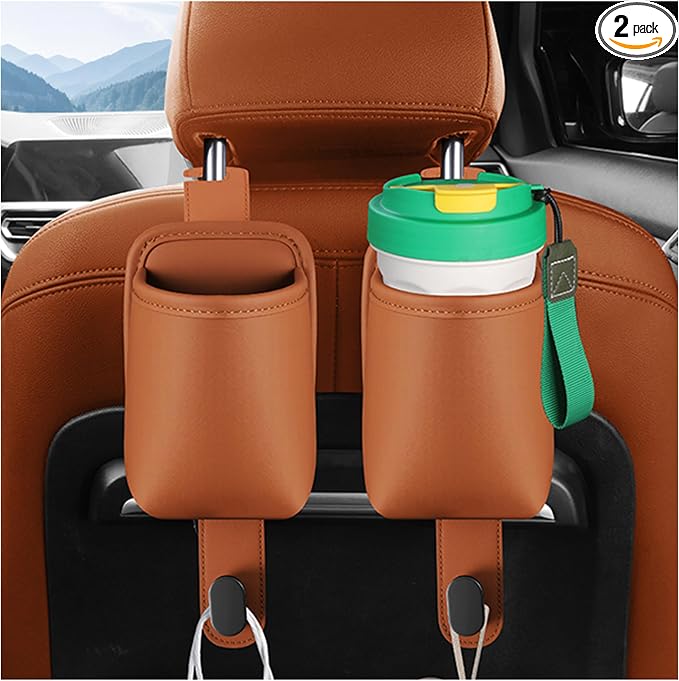 2-Pack Car Seat Back Cup Holder Organizer, Orange | Faux Leather, With Hooks, Universal Backseat Storage, For Drinks, Bottles & Travel Accessories