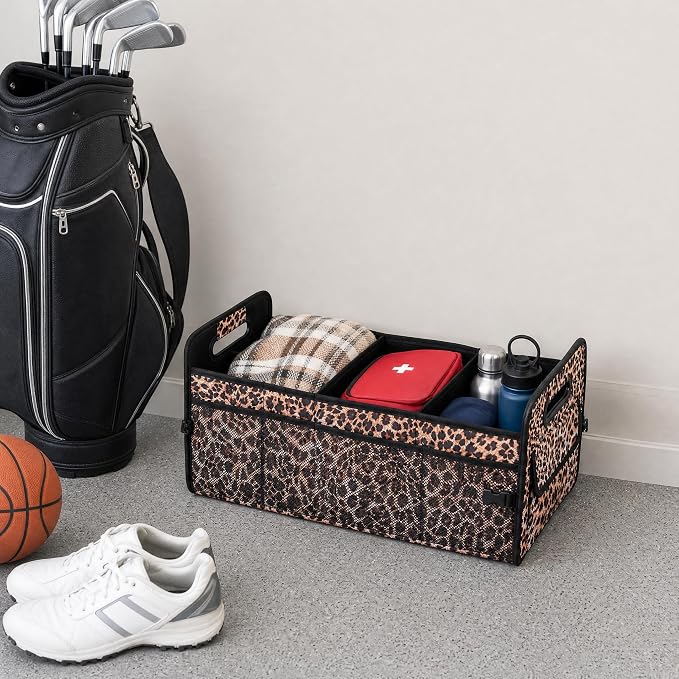 Car Trunk Organizer for SUV & Car, Foldable Waterproof Basket with Front & Side Pockets, Leopard Print Car Accessories for Women, Durable Oxford Cloth Backseat & Truck Bed Organizer