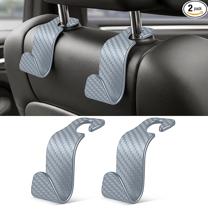 SINGARO Universal 2 Pack Car Seat Headrest Purse Hook, Carbon Fiber Back Seat Hook Storage Organizer Hanger for Purse Handbag Coat, Car Interior Accessories(Gray)