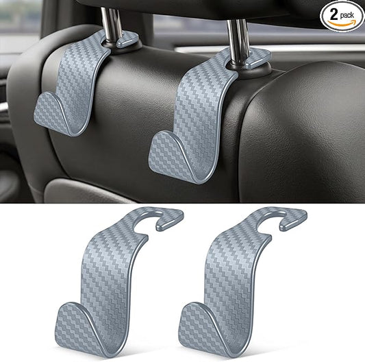 SINGARO Universal 2 Pack Car Seat Headrest Purse Hook, Carbon Fiber Back Seat Hook Storage Organizer Hanger for Purse Handbag Coat, Car Interior Accessories(Gray)