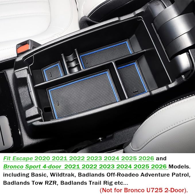 Center Console Organizer Tray Compatible with Ford Escape 2020-2026 and 2021 2022 2023 2024 2025 2026 Bronco Sport CX430 4-Door (Not for U725 2-Door) Secondary Storage Armrest Box - Blue