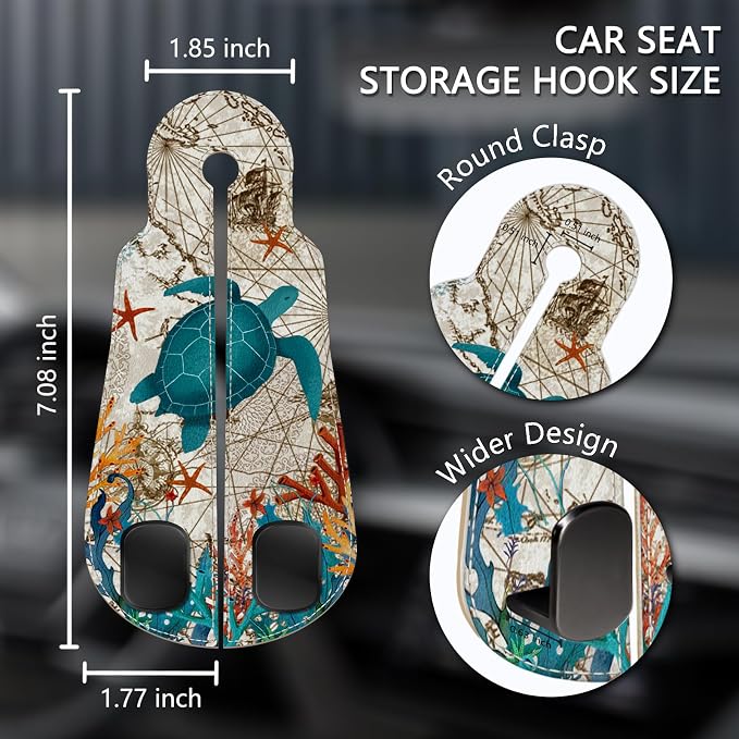 Blusabaca 2PCS Car Seat Back Storage Headrest Hooks, Sea Turtle Purse Holder Bags Hanger, PU Leather Double Metal Hook for Backseat Organizer, Women Car Accessories Organization