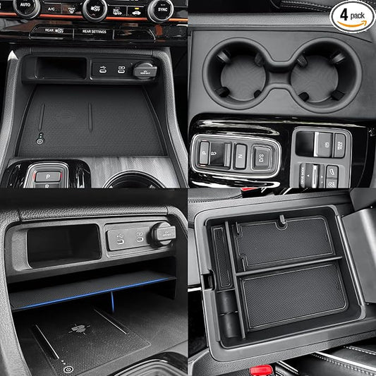 CDEFG 4Pcs for 2026 Honda Passport Center Console Organizer, for 2023 2024 2025 2026 Honda Pilot Accessories Middle Console Divider Storage Box & Armrest Tray & Wireless Charging Cover & Cup Holder