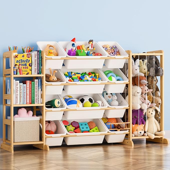 Toy Storage Organizer with Bookshelf and Stuffed Animal Storage - Kids Playroom Organization with Shelves and 12 Toy Bins - Toddler Living Room Toy Box for Lego - Nursery Bedroom Decor Essential