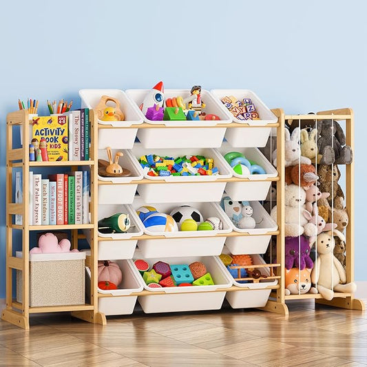 Toy Storage Organizer with Bookshelf and Stuffed Animal Storage - Kids Playroom Organization with Shelves and 12 Toy Bins - Toddler Living Room Toy Box for Lego - Nursery Bedroom Decor Essential