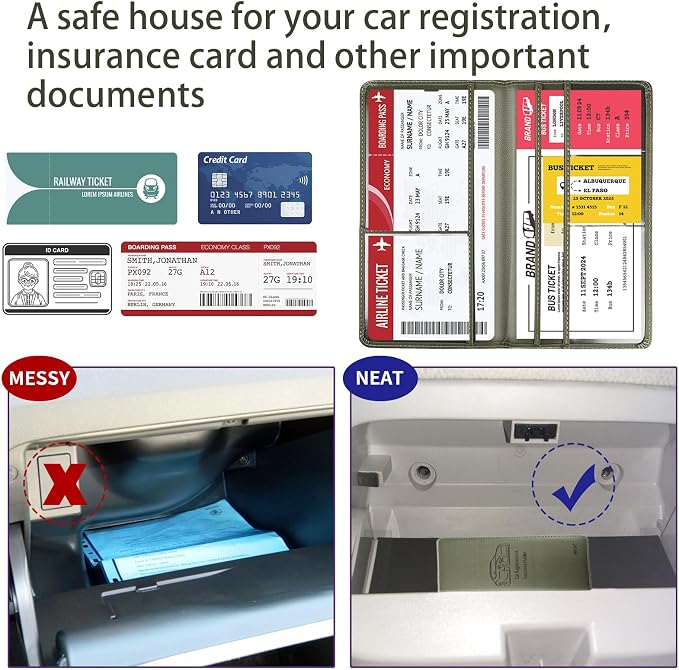 Car Registration and Insurance Card Holder - Leather Vehicle Glove Box Automobile Documents Paperwork Wallet Case Organizer for ID, Driver's License, Key Contact Information Cards
