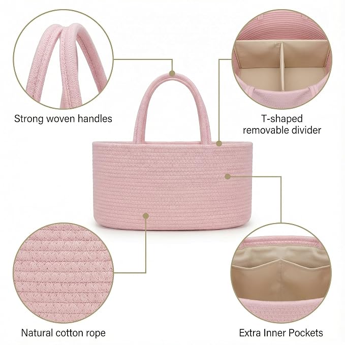 luxury little Diaper Caddy Organizer, Large Cotton Rope Nursery Baby Basket, Changing Table Organizer for Baby Diaper Storage, Portable Car Organizer Removable Divider (Light Pink, Extra Large)
