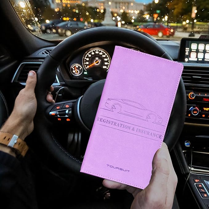 TOURSUIT Car Registration and Insurance Card Holder, Vehicle License Document Glove Box Compartment Organizer, Interior Car Accessories for Women Men (Purple)