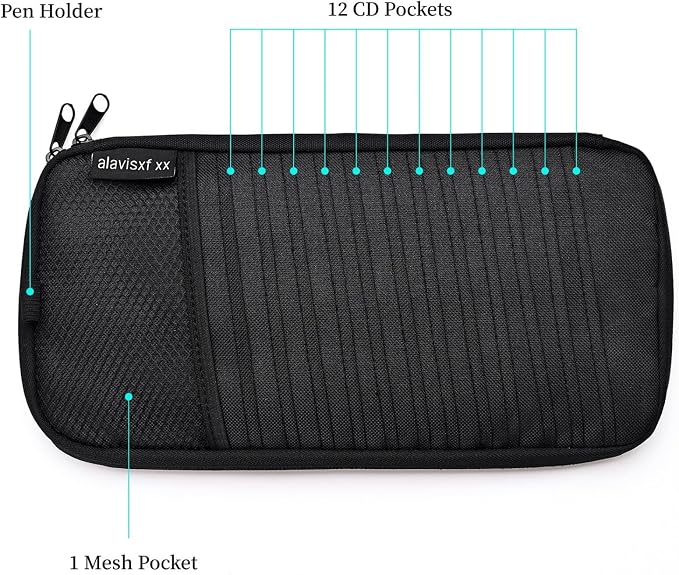 alavisxf xx Car CD Visor Holder, 12 Sleeves Organizer with Mesh Pocket | Durable Oxford Cloth, Holds 12 CDs/DVDs, 1 Pen Holder, 1 Back Inner Pocket, Disc Storage Organizer, Fits Most Vehicle Visors