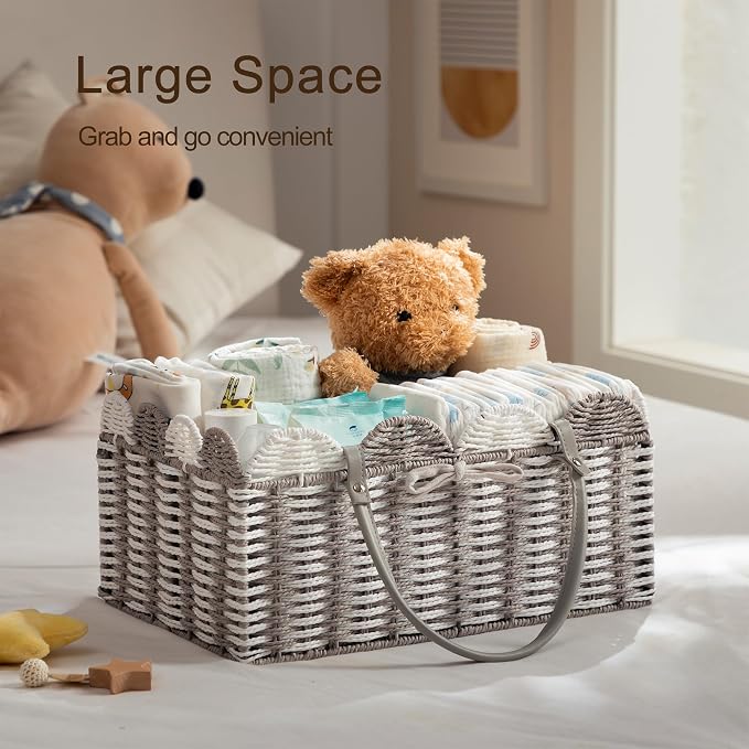 HBlife Baby Diaper Caddy, Paper Rope Storage Baskets Nursery Bin with Removable Divider, Portable Car Organizer for Diapers, Baby Shower Gifts, Newborn Essentials Must Haves