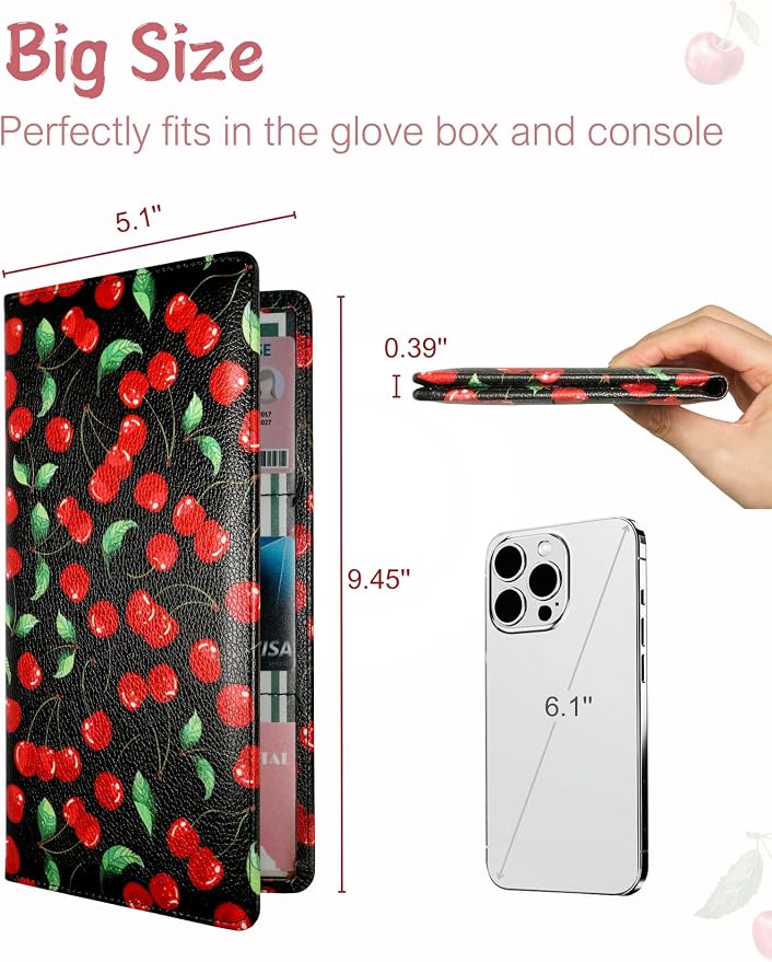 Mymazn Car Registration and Insurance Holder, PU Leather Glove Box Car Organizer with Magnetic Closure, Car Document Holder for Driver's License & Essential Documents (Red Cherry)