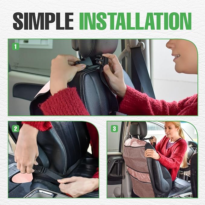 lebogner Back Seat Cover for Kids + 3 Pocket Storage Organizer, 2 Pack X-Large Waterproof Kick Mats, Car Backseat Protector (Beige, Kick Mats + 4 Organizer Pockets)