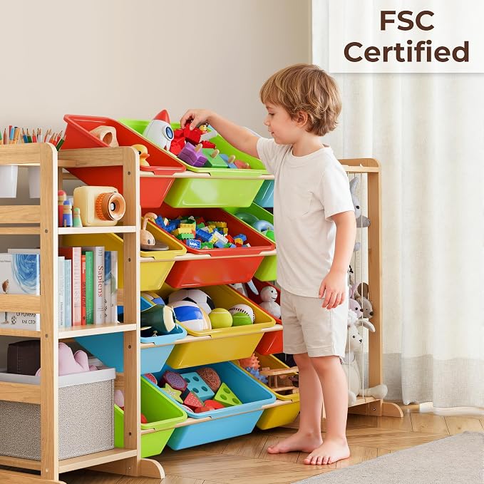 Toy Storage Organizer with Bookshelf and Stuffed Animal Storage - Playroom Organization with Shelves and 12 Bins - Living Room Box for Lego - Nursery Bedroom Decor Essential