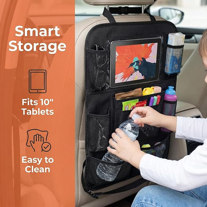 Car Backseat Organizer with Tablet Holder for Kids Toddlers | 9 Storage Pockets, Kick Mats Seat Protector, Waterproof, Universal Fit, Travel Accessories