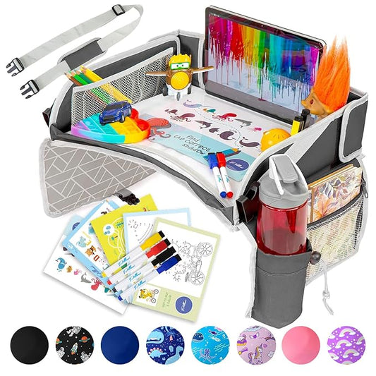 PILLANI Kids Travel Tray for Car - Car Seat Tray for Toddler - Road Trip Essentials Kids w/ iPad Holder Stand, Carseat Table Tray for Kids Road Trip Activities, Toddler Lap Desk Organizer for Airplane