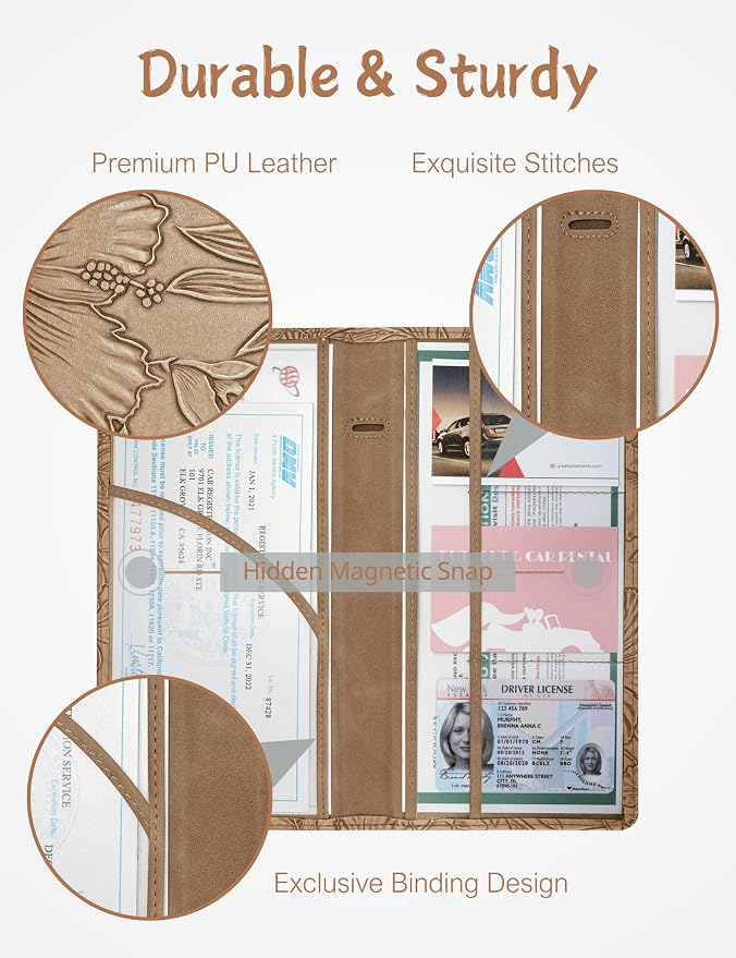Mymazn Car Registration and Insurance Holder, PU Leather Glove Box Car Organizer with Magnetic Closure, Car Document Holder for Driver's License & Essential Documents (Floral Khaki)