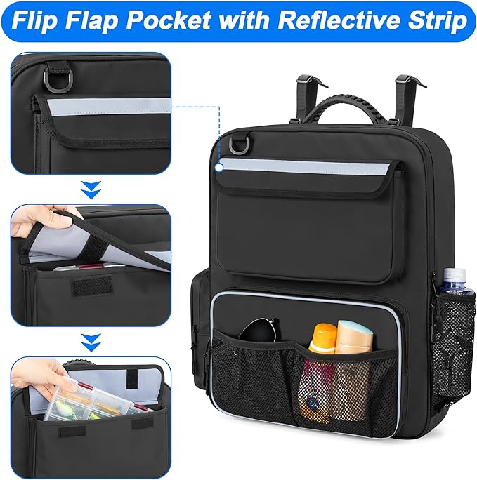 GRAOSO Boat Organizers and Storage, Boat Back Seat Carrying Bag with Rubber Handle and Adjustable Back Belt, Multiple Pockets for Boat Accessories, Black