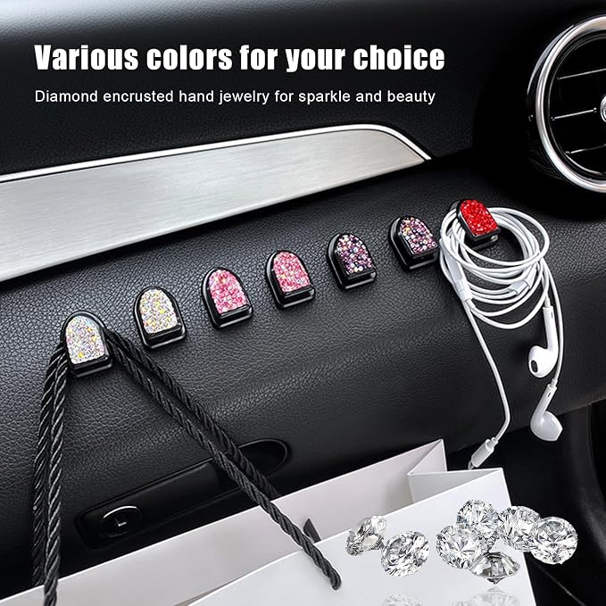 Yourkar 4PCS Bling Car Mini Hooks, Multifunctional Adhesive Small Auto Storage Hook for Key Cable Mask, Crystal Rhinestone Dashboard Hanging Hook, Interior Decor Car Accessories (White)