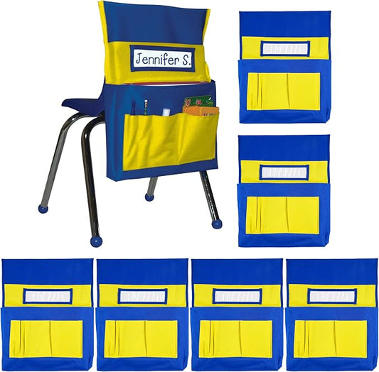 Carson Dellosa 6-Pack Yellow & Blue Chairback Buddy Pocket Chart Set, 15" x 19" Back of Chair School Supplies Pocket Organizer with Name Tag and 6 Chair Pockets for Classrooms, Classroom Organization