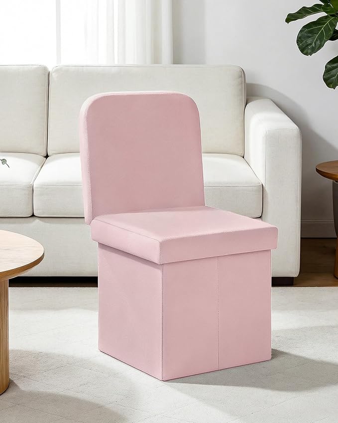 B FSOBEIIALEO Velvet Storage Ottoman with Seat Back, Folding Storage Chair for Living Room, Space-Saving Room Organizer Cubes, Toy Chest Storage Cubes Box (Pink, Medium)