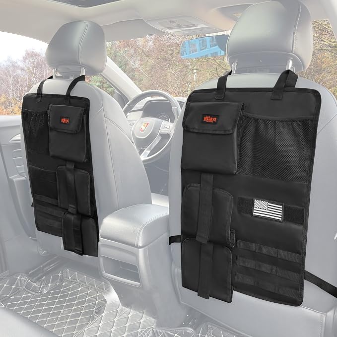 MYDAYS 2 Pack Tactical Seat Back Gun Rack, Camo Front Seat Gun Organizer with Molle Panel Vehicle Gun Holder for Hunting Rifles/Shotguns (Black)