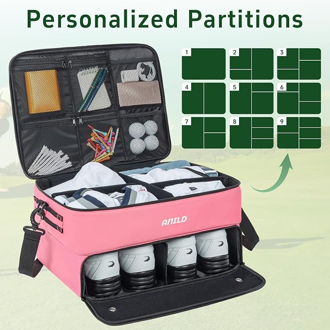 ANILD Golf Trunk Organizer, 2 Layer Golf Storage Case with Separate Ventilated Compartment for 2 Pair Shoes, for Balls, Tees, Clothes, Gloves, Accessories, Golfer Gifts