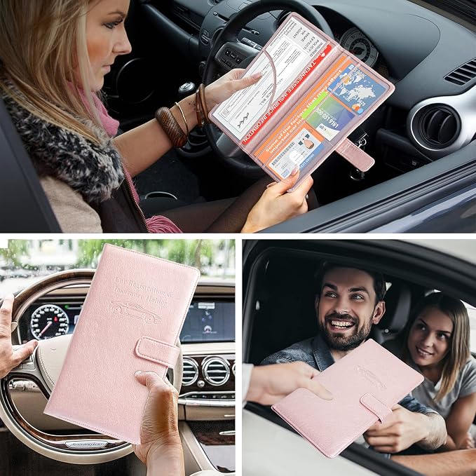 DMLuna Car Registration and Insurance Holder, Leather Vehicle Card Document Glove Box Organizer, Auto Truck Compartment Accessories for Essential Information, Driver License Cards, Rose Gold