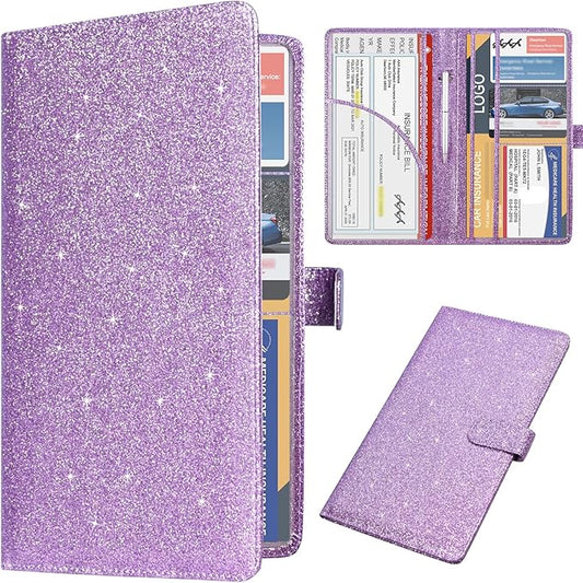 DMLuna Car Registration and Insurance Holder, Leather Vehicle Card Document Glove Box Organizer, Auto Truck Compartment Accessories for Essential Information, Driver License Cards, Glitter Purple