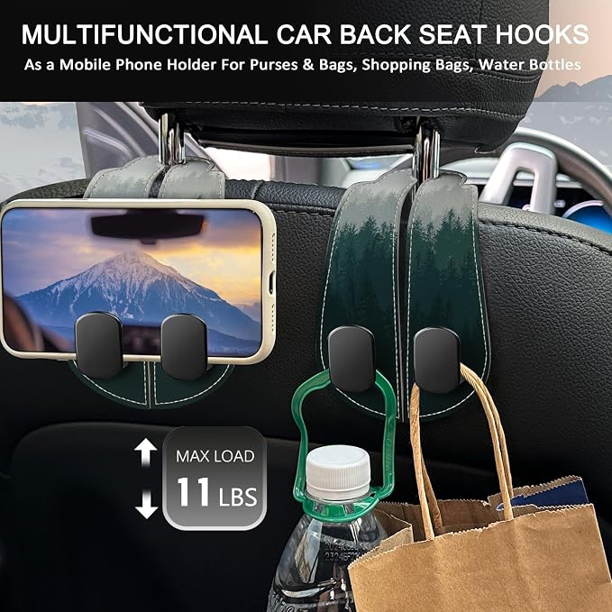Blusabaca 2PCS Car Seat Back Storage Headrest Hooks, Forest Trees Purse Holder Bags Hanger, PU Leather Double Metal Hook for Backseat Organizer, Women Car Accessories Organization