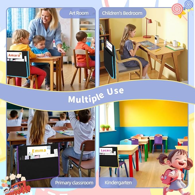 24 PCS Chair Pockets for Classroom, 15.6x16.8 Inch Seat Pockets for Classroom Chairs, Black Seat Sacks for Classroom Chairs with Name Tag, Back of Chair Organizer for Kids in Classroom