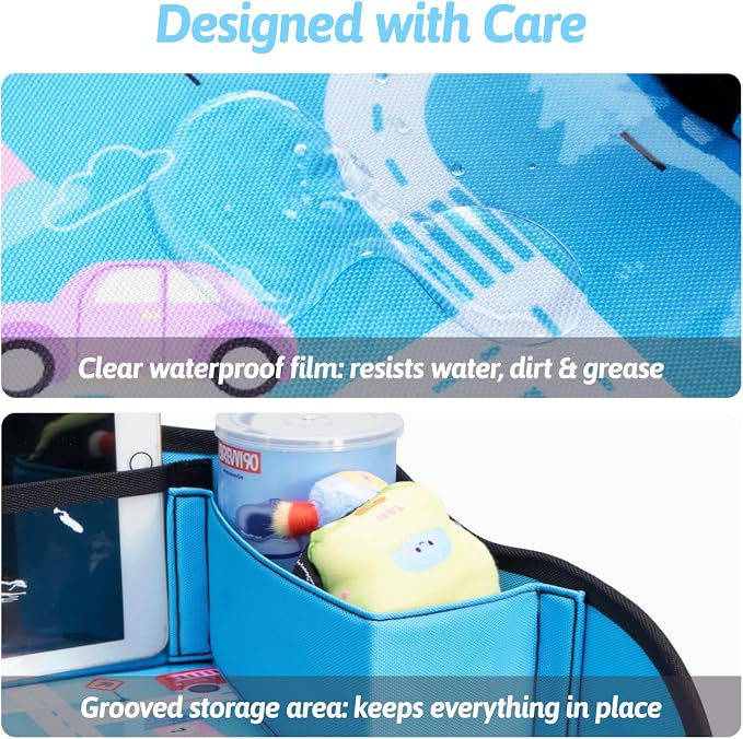 Kids Travel Tray for Car, Boy's Safety Seat Table, Carseat Lap Desk | Weight-Relief Strap, Non-Skid Silicone Base, Waterproof Dining/Craft Mat