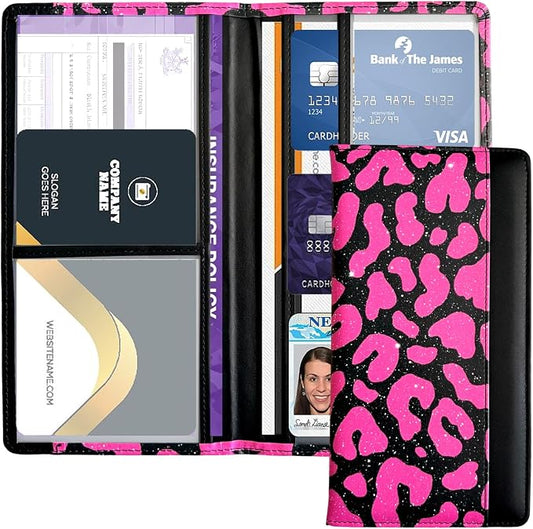 Car Registration and Insurance Holder with Magnetic Closure, Universal Document Organizer for License, Insurance Cards & Glove Box Storage (Leopard-Glitter Hot Pink)