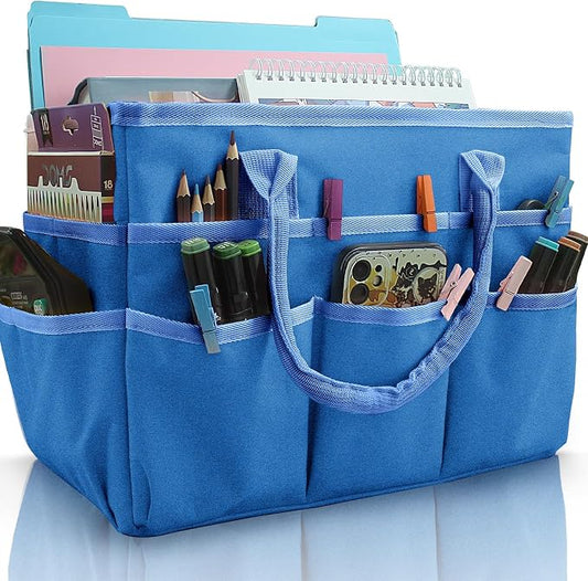 Cupohus Art Organizer Craft Storage Tote Bag with Pockets and Handles, Oxford Fabric Carrying Caddy for Teacher, Officer, Artist, Traveler, and more –Blue