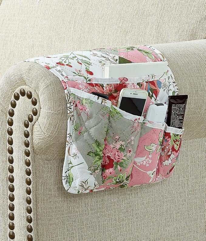 Brilliant Sunshine Peach and Olive Flowers Patchwork Couch Armrest Organizer, Non Slip Armchair Caddy for Sofa Recliner, Washable Remote Control Holder, Storage for Magazine, Phone, iPad (35"×13")