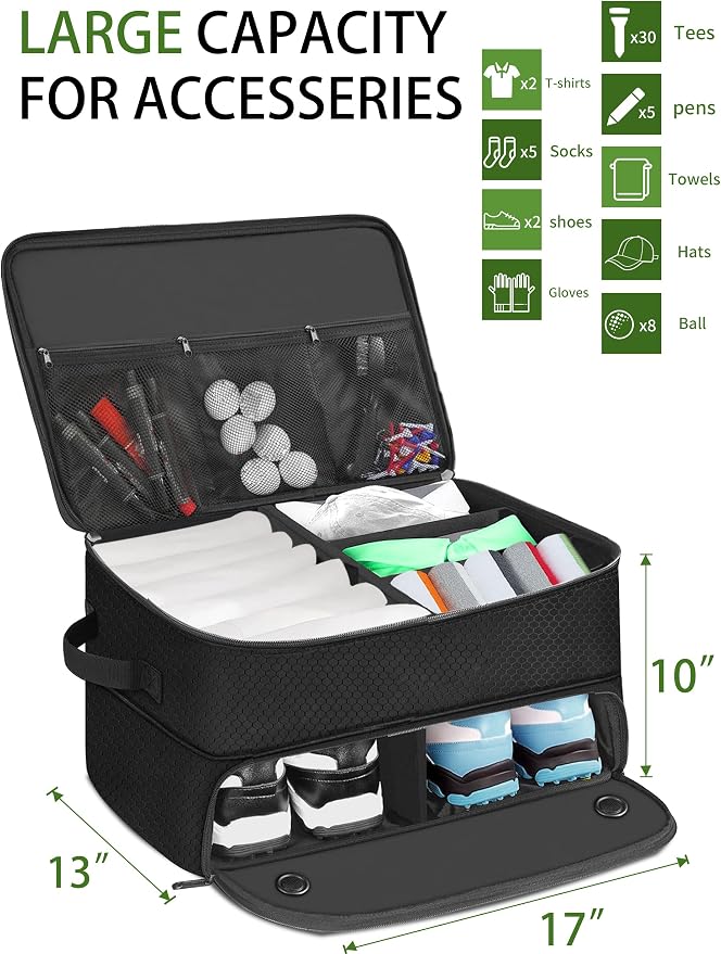 CAMPLAND 2 Layer Golf Bag, Waterproof Golf Locker for 2 Pair Shoes, Durable Golf Trunk Storage for Balls, Tees, Clothes, Gloves, Accessories, Golf Gifts