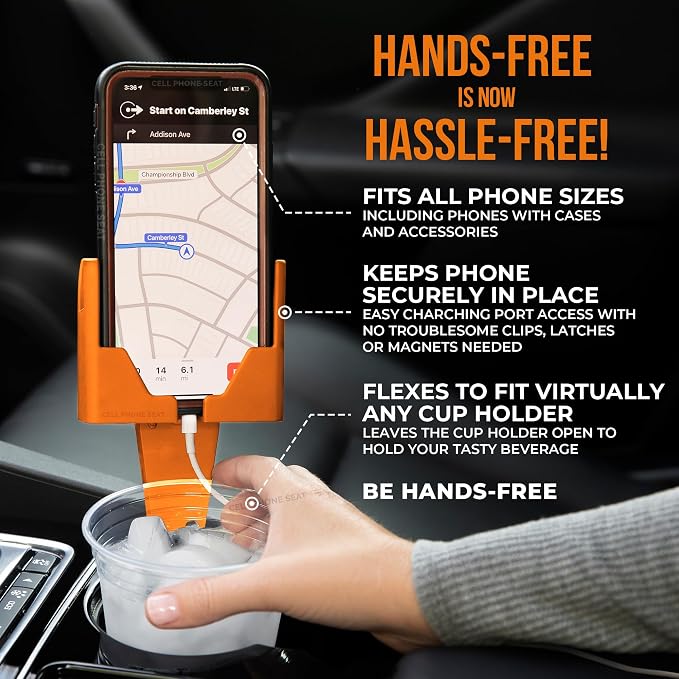 CELL PHONE SEAT - Cup Holder Phone Holder Mount for Car - Universal Adjustable Expander Cradle Hands-Free Driving - Compatible with All Smartphones iPhone Samsung Google Android Orange