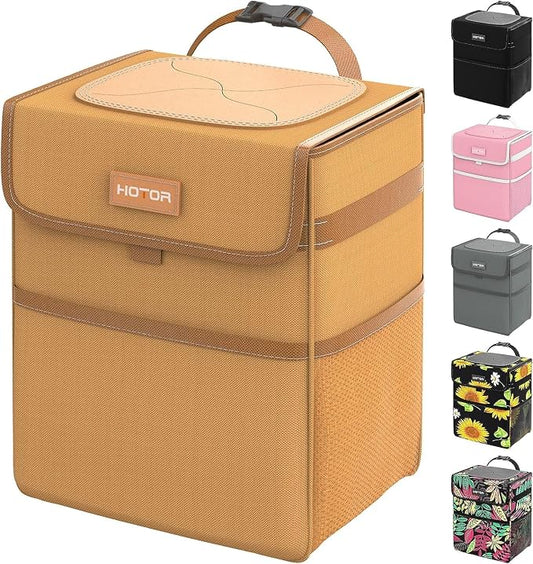 HOTOR Car Trash Can with Lid, Brown Trash Bag Hanging with Storage Pockets, 100% Leak-Proof Garbage Can with Adjustable Straps, Magnetic Snaps, Waterproof Interior Car Bin