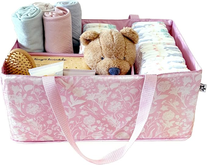 Tiny Twinkle Diaper Caddy Organizer – Foldable Baby Storage Basket with Removable Divider | Waterproof & Mess-Proof Fabric, Portable Nursery Organizer for Newborn Essentials(Toile)