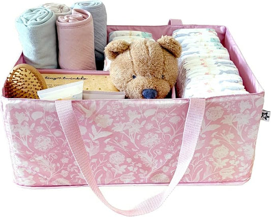 Tiny Twinkle Diaper Caddy Organizer – Foldable Baby Storage Basket with Removable Divider | Waterproof & Mess-Proof Fabric, Portable Nursery Organizer for Newborn Essentials(Toile)