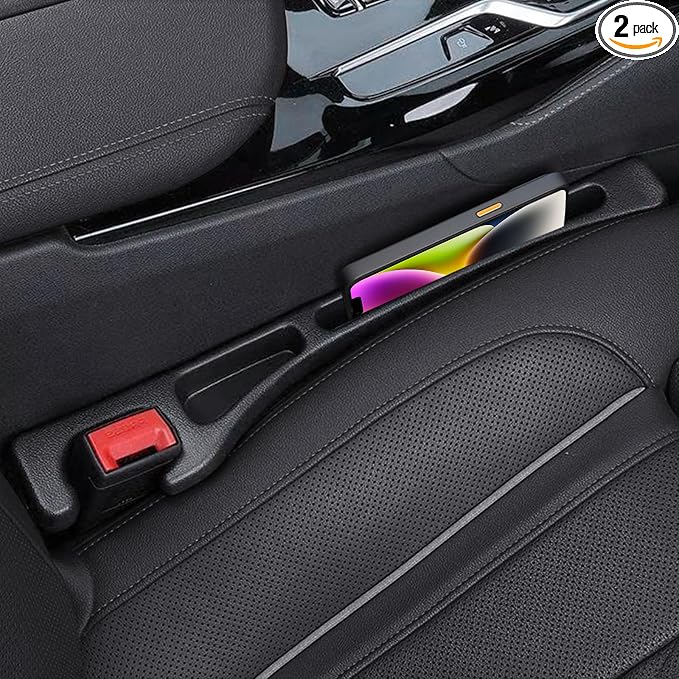 Car Seat Gap Filler, 2 Pack No-Drop Seat Side Gap Seam Filler Organizer with Phone Holder, Universal Fit Fill The Gap Between Seat and Console, Perfect for Car SUV Truck Black