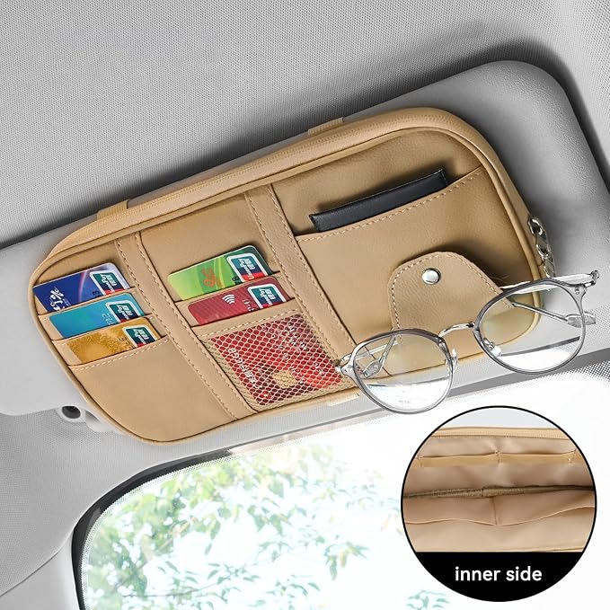 Car Sun Visor Organizer, Sunglass Holder and Storage Pocket, Card Cash Pouch with Multi-Pocket Net Zipper, Case Bag for License Pen Key, Auto Accessories for Truck, SUV, Van (Beige)