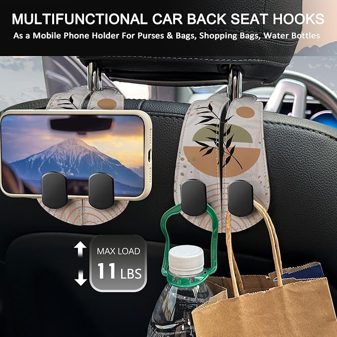 Blusabaca 2PCS Car Seat Back Storage Headrest Hooks, Abstract Boho Leaves Purse Holder Bags Hanger, PU Leather Double Metal Hook Backseat Organizer, Women Car Accessories Organization