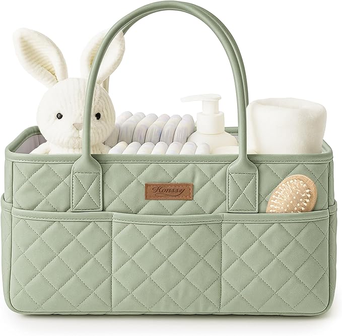 Konssy Quilted Diaper Caddy Organizer, Diaper Caddy Basket with Vegan Leather Handles, Water-Repellent Nursery Storage Basket, Portable Car Organizer, Registry Search Must Haves (Fog Green)