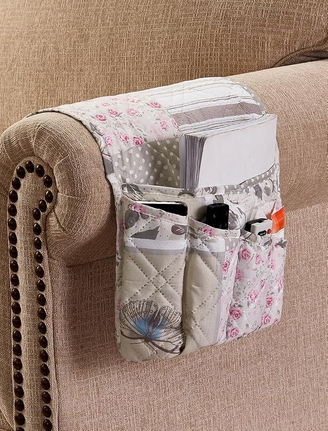 Brilliant Sunshine Grey Cupid and Pink Roses Patchwork Couch Armrest Organizer, Non Slip Armchair Caddy for Sofa Recliner, Washable Remote Control Holder, Storage for Magazine, Phone, iPad (35"×13")