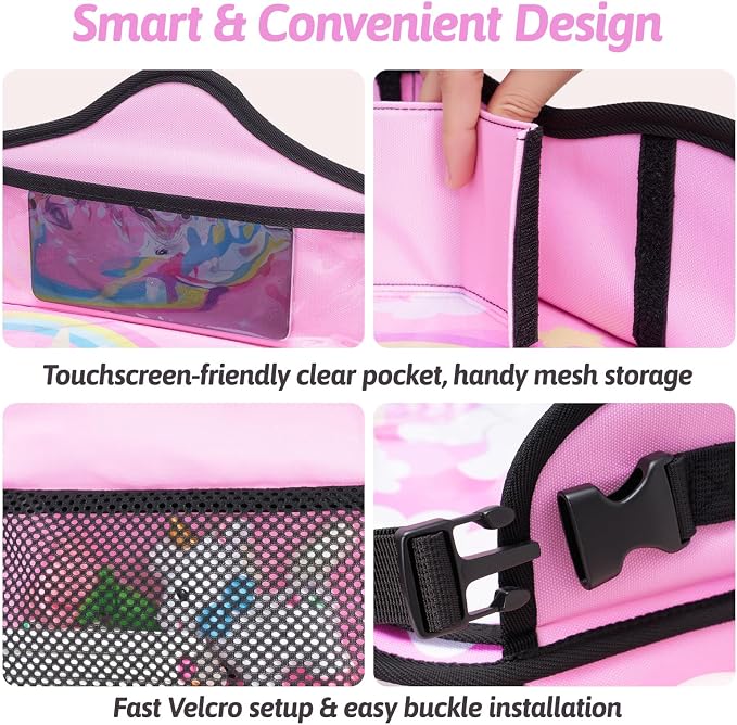 OUOZZZ Kids Travel Tray for Car, Girl's Safety Seat Table | Weight-Relief Strap, Non-Skid Silicone Base, Waterproof Dining/Craft Mat, Carseat/Airplane Lap Desk