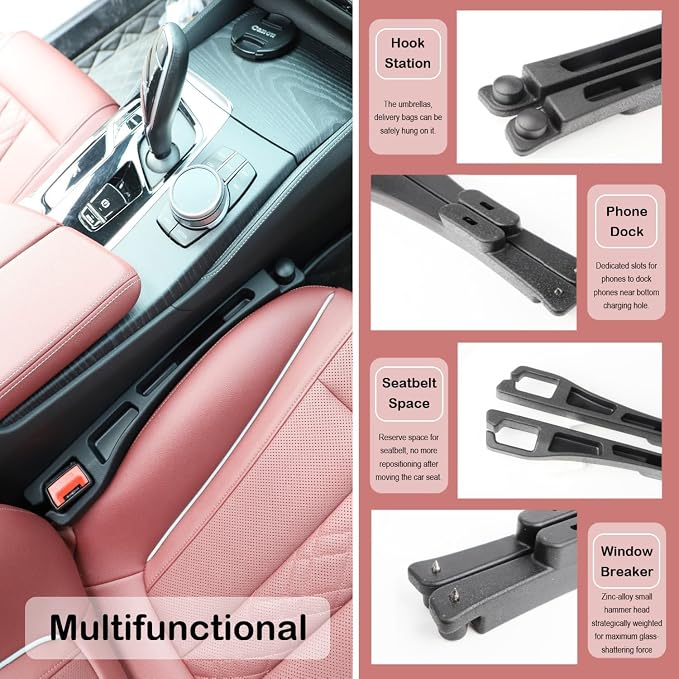 Carseat Gap Filler Organizer 2 Pack, 6 in 1 Car Side Seat Gap Plug Strip with Storage Slot, Window Breaker and Hook, Automotive Seat Catcher or Spacer Interior Accessories Between Seats & Console